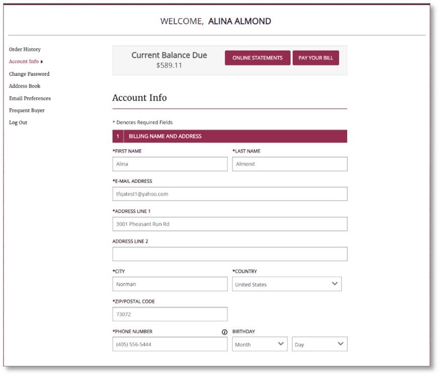 Customer Account Information page displaying balances