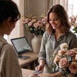 florist handling payment from customer for arrangement
