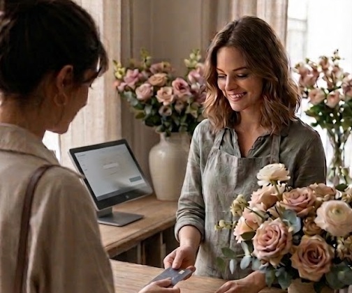 florist handling payment from customer for arrangement
