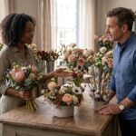 Florist selling arrangement to customer