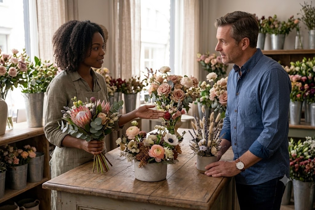 Florist selling arrangement to customer